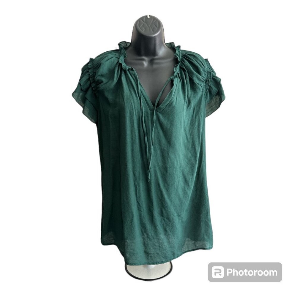 Dokotoo V-Neck Top Adjustable Drawstring Ruffled Cap Sleeves Deep Green W US XL - Picture 3 of 7